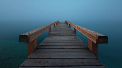 Obraz premium Long wooden pier extending into the ocean. the pier is made of light-colored wood and has a wooden railing on both sides. the sky is a deep blue and the water is a beautiful turquoise color.