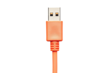 Close up of an orange USB cable against a bright white background showcasing its connection and