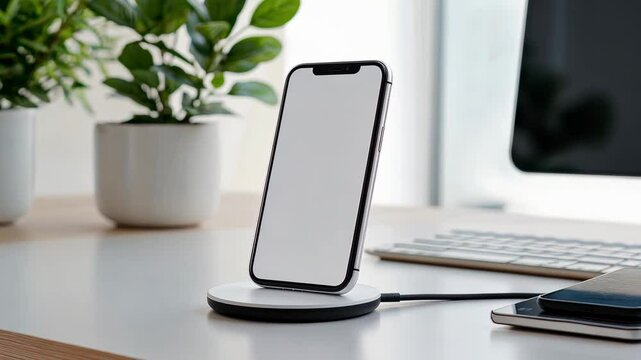 Stylish Smartphone on Wireless Charger with Modern Desk Setup