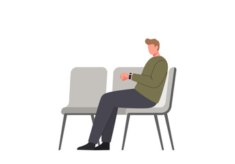 Impatient man checks watch in waiting room