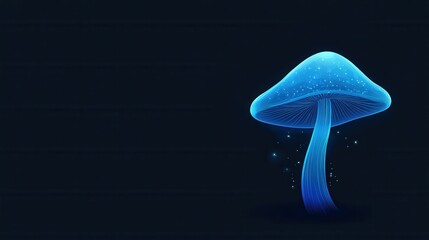 Glowing blue mushroom, dark background, sparkles.
