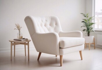Comfortable white chair and coffee table, modern living room