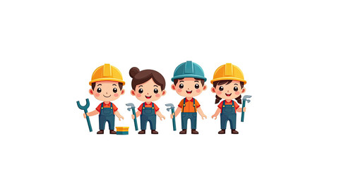 Fototapeta premium Cute Kids Construction Workers Cartoon - Child-focused illustrations