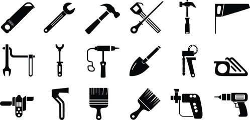 Essential Hand Tool Icons Set, DIY, Construction, and Workshop Symbols
