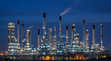 Obraz premium Illuminated industrial complex at night with chimneys and intricate piping structures visible clearly
