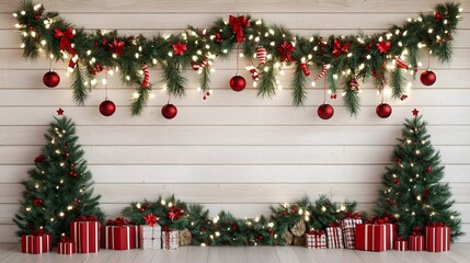 Festive Christmas Decor Illuminated Garland Trees Gifts on White Wood