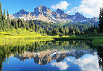 Fototapeta premium Scenic mountain landscape with reflections in calm water