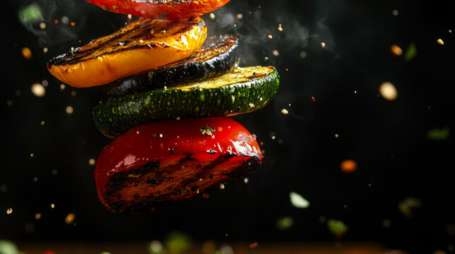 Colorful grilled vegetable slices float in dark space with cinematic lighting and glossy texture