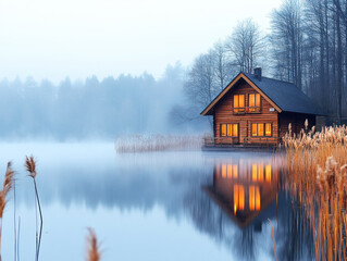 Fototapeta premium Cozy wooden cabin by the serene lake during foggy morning