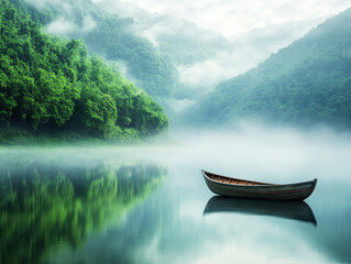 Tranquil boat on calm lake surrounded by misty mountains