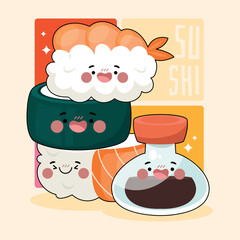 Flat Cute Sushi kawaii Illustration