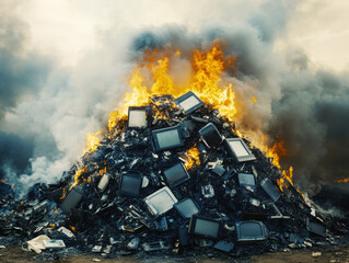 Burning pile of discarded televisions at an industrial site