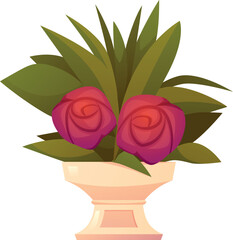 Beautiful red roses flowers bouquet with leaves in pot on stand, vector wedding venue decoration, romantic potted plant
