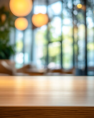 Fototapeta premium Elegant wooden surface in a modern hotel suite with natural light and stylish decor