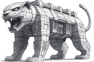 Monochromatic illustration of a large, feline-like creature.