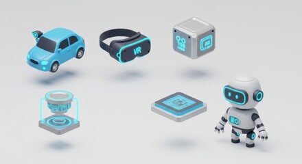 Futuristic Tech Icons: Blue Car, VR Headset, Robot, and Hologram on White.