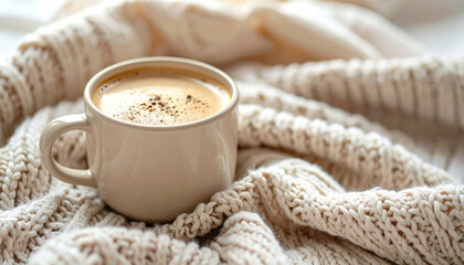 Warm coffee in beige mug resting on cozy knitted blanket, creating comforting and inviting atmosphere perfect for relaxation and enjoyment