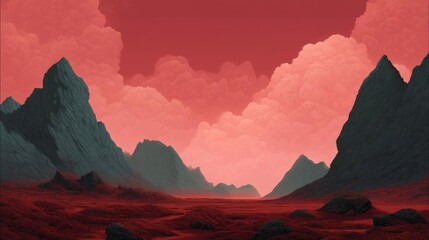 Naklejka premium Digital illustration of a landscape with a red sky and mountains in the background. the sky is filled with large, fluffy clouds that are a bright pink color.