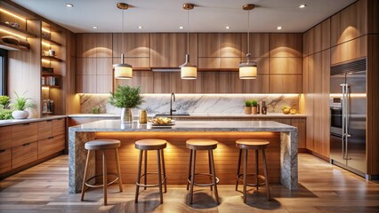 Modern Kitchen Long Exposure Photography: Sleek Wood Cabinets, Marble Island, Ambient Lighting