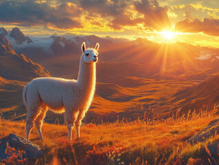 Sunset over mountains with a llama in a vibrant landscape
