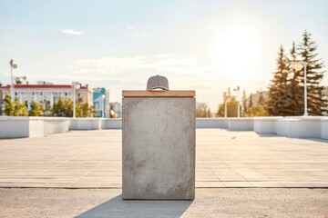 Naklejka premium Sunset Over Urban Podium With a Solitary Cap Resting on a Wooden Surface in a Quiet Outdoor Setting
