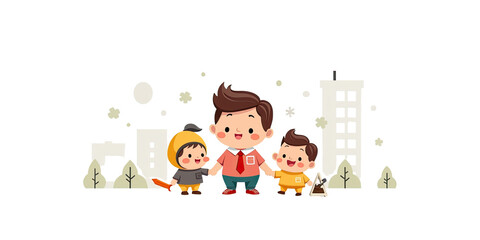 Fototapeta premium Happy Father, Sons City Walk Illustration - Minimalist illustrations