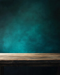 Minimalist wooden table with deep teal backdrop for creative branding opportunities