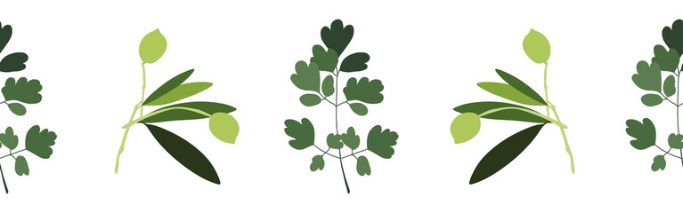 Obraz premium Border leaves and berries on a white background. Hand-drawn illustration. Perfect for spring and summer. 