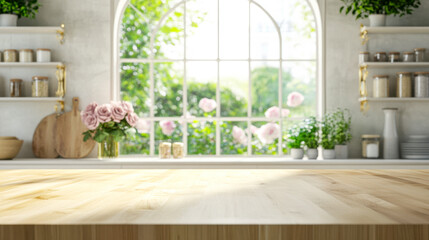 Fototapeta premium Elegant Parisian kitchen with polished maple countertop and garden view through arched window