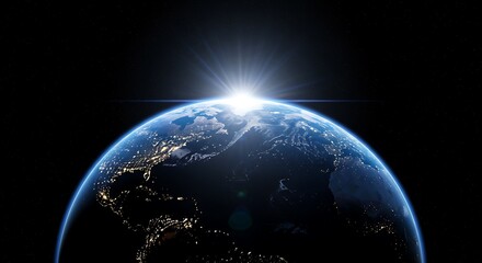Fototapeta premium Earth view from space with sunrise over the horizon and city lights visible on the dark side 0000000000