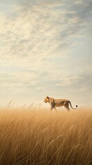 Naklejka premium Lioness walks through tall, golden grass under a cloudy sky.