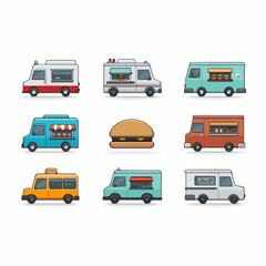 Colorful food trucks lined up, showcasing diverse culinary options and vibrant designs