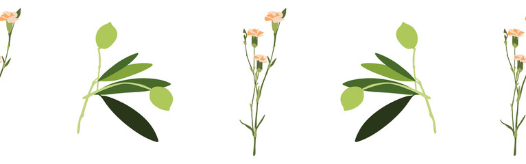 Leaves and flower border on a white background. Hand-drawn illustration. Perfect for spring and summer.	