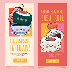 Flat Cute Sushi kawaii Vertical Banner Set