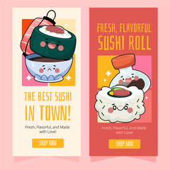 Flat Cute Sushi kawaii Vertical Banner Set
