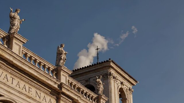 White smoke rising from Sistine Chapel chimney signaling papal conclave result, announcing new Pope election in Vatican City during historic religious ceremony