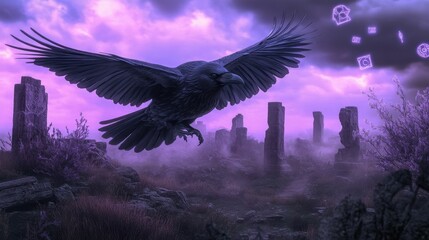Obraz premium Purple sky, raven, ancient ruins, mystical symbols.
