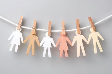 Chain of Paper Dolls in Neutral Colors Hanging on a String Against a Soft Background, Illustrating Unity and Diversity in Design