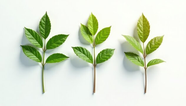 A row of three identical branches on a clean white surface with subtle shadow, repetition, spacing, nature