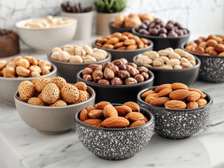 Variety of nuts displayed in bowls on a marble countertop
