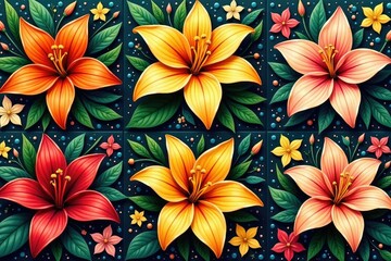 Bold, stylized lilies arranged in square repeating tiles , art, deco, elegant