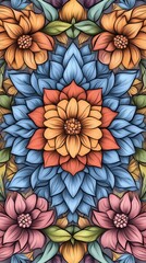 Multicolored floral pattern; symmetrical, detailed design.