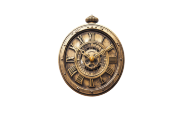 Antique Roman numeral pocket watch gold tone isolated on white background vintage timepiece detail