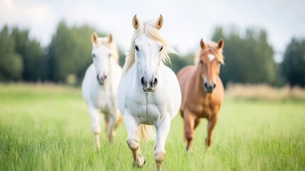Fototapeta premium White horses galloping in green field 