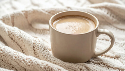 Warm coffee in beige mug resting on cozy knitted blanket creates comforting atmosphere perfect for relaxation. soft texture of blanket enhances inviting scene