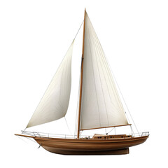 Obraz premium A side view of a vintage wooden sailboat with a large white sail, set against a dark backdrop.