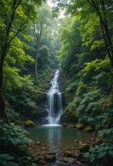 Obraz premium A tranquil waterfall hidden in a lush remote forest surrounded by dense greenery and natural beauty Generative AI