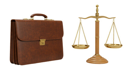 Isolated Brown Leather Briefcase with Golden Scales of Justice