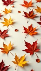 Fototapeta premium Dried autumn leaves scattered on white surface, fall, brown