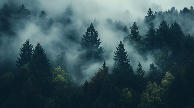 Fototapeta Misty forest landscape dark green trees foggy nature scene fir calm pine hill view moody eerie woods